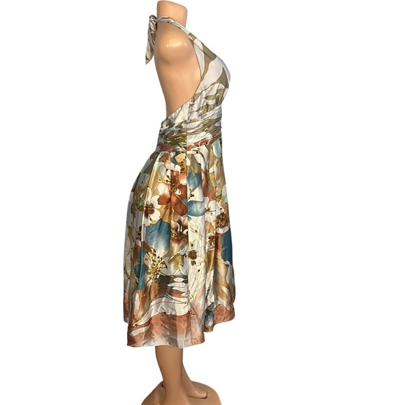 Adrianna Papell Occasions Floral Silk Halter Beaded Dress Brown & Blue - Picture 5 of 13